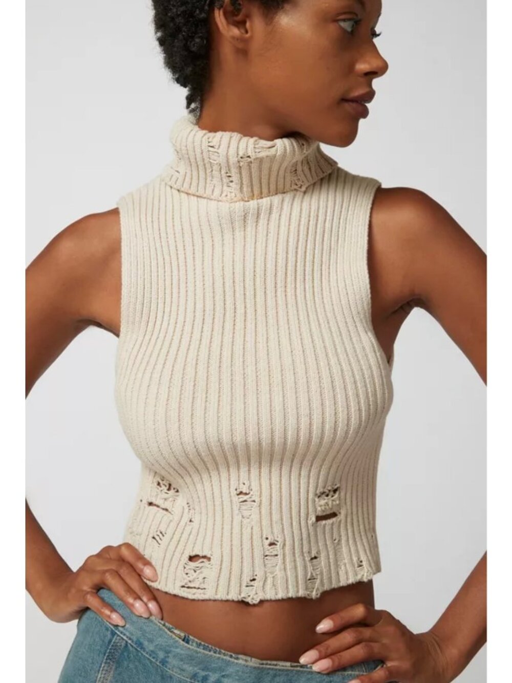BDG URBAN OUTFITTERS Beige Distressed Turtleneck Sleeveless Women's Sweater XL